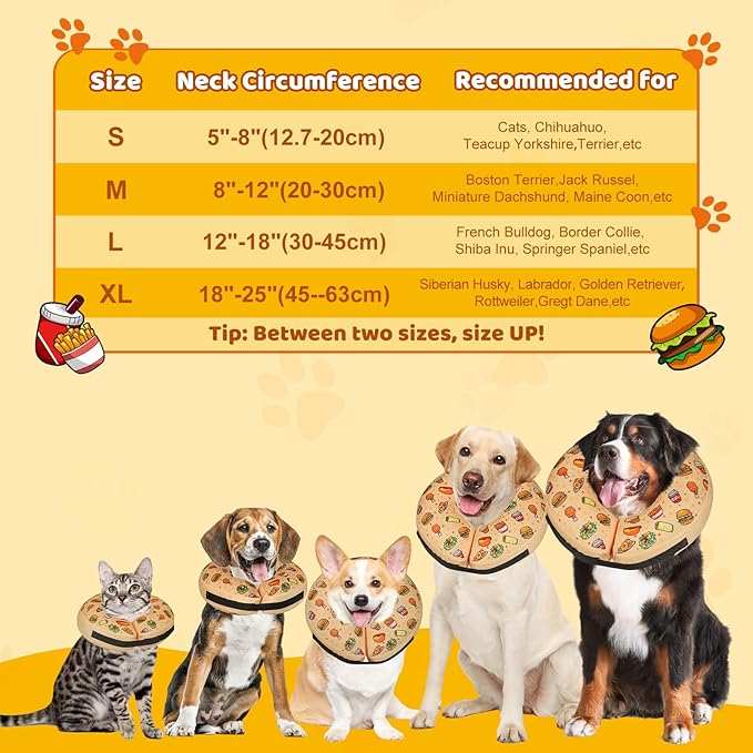 Grand Line Hamburger Inflatable Collar for Dogs and Cats, Soft Protective Recovery Cone After Surgery, Blow up Pet Collar Cone, E-Collar Alternative Does not Block Vision (Small)