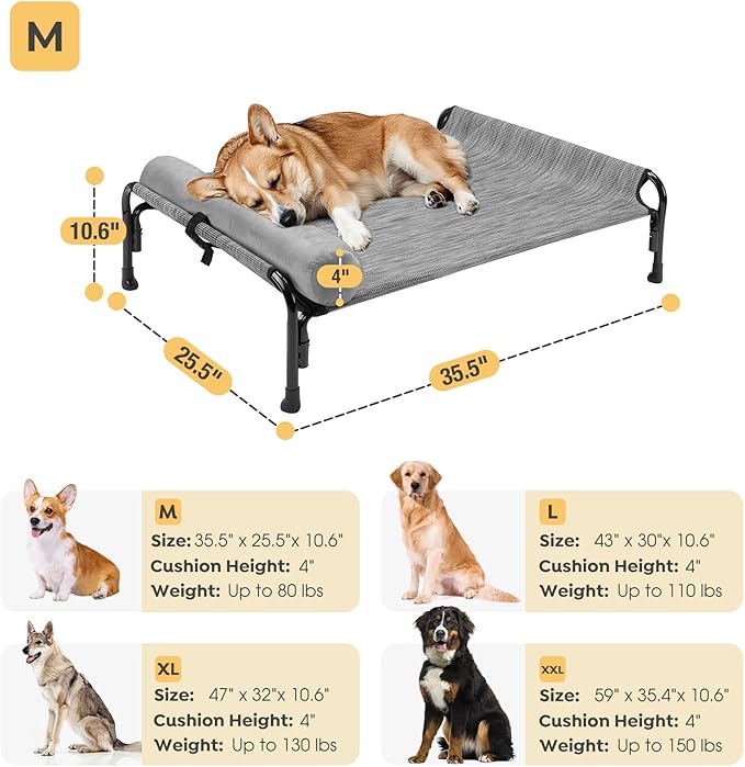 Veehoo Medium Elevated Dog Bed, Outdoor Raised Dog Cot Hammock Bed with One-Sided Removable Headrest Bolster, Cooling Breathable Washable Teslin Mesh, Off Ground, Anti-Slip, M, CWC2204BCP