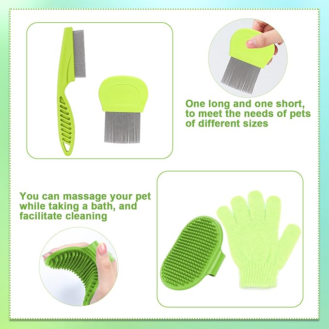 VCZONE 8 Pcs Small Animal Grooming Kit, Pink with Pet Nail Clipper and File, Flea Comb, Pet Shampoo Bath Brush, Pet Shedding Slicker Brush, Bath Massage Glove, Cleaning Comb (Green)