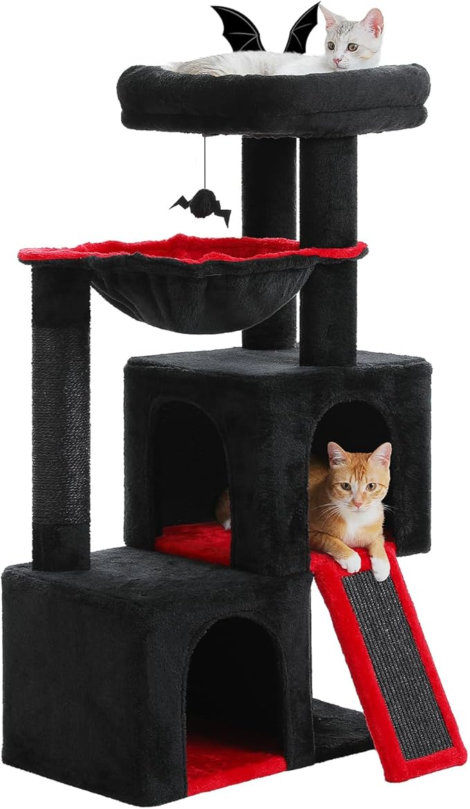 PAWZ Road Large Cat Tree, 41 Inches Gothic Cat Tower with 2 Spacious Condos for Indoor Cats, Large Black Cat House with Comfy Hammock, Padded Perch, Scratching Pad and Replaceable Balls-Black