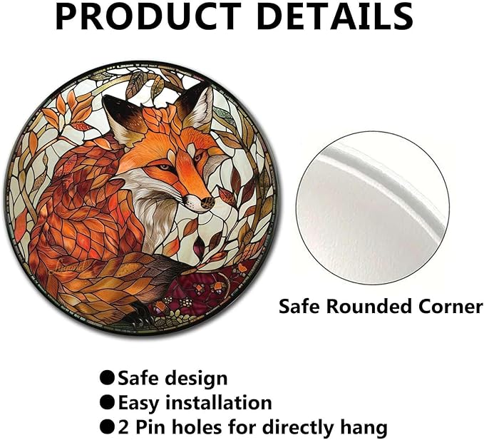 Lygond Metal Sign Tin Sign Circular Stained Glass Red Fox2 Gardening Sign for Yard 8×8 Inches