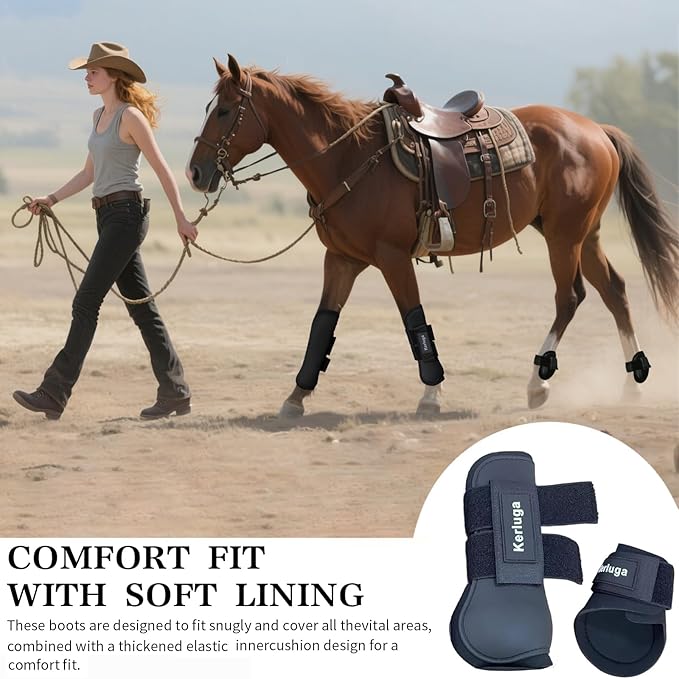 Horse Boots Set of 4 Open Front & Fetlock Tendon Boot for Horses Professional Sport Protection Impact-Absorbing Equine Leg Support Wraps for Jumping, Riding, Training (Black, Full)