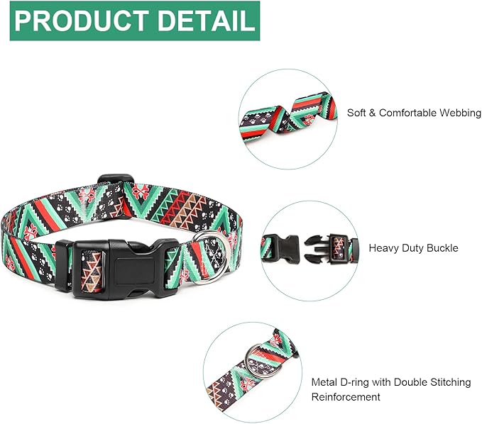 Mercano Adjustable Dog Collar - Special Design Patterns, Soft Nylon Comfortable Durable Pet Collar for Small Medium Large Dogs (L, Ethnic Green)