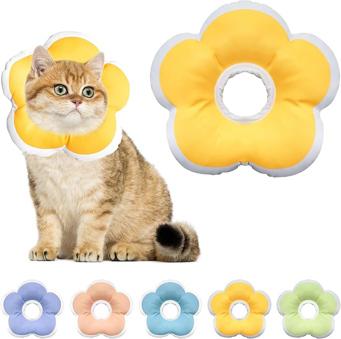 Cat Cone Collar Soft, Waterproof Cats Cones to Stop Licking After Surgery, Adjustable Soft Elizabeth Cats Collars for Wound Healing, Flower Shape Cat Recovery Collar (Yellow, Small)