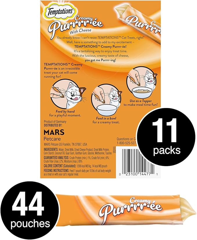 Temptations Creamy Puree Squeezable Lickable Wet Cat Treats with Cheese, 0.42 oz. Tubes, 4 Count, Pack of 11 (44 Total)