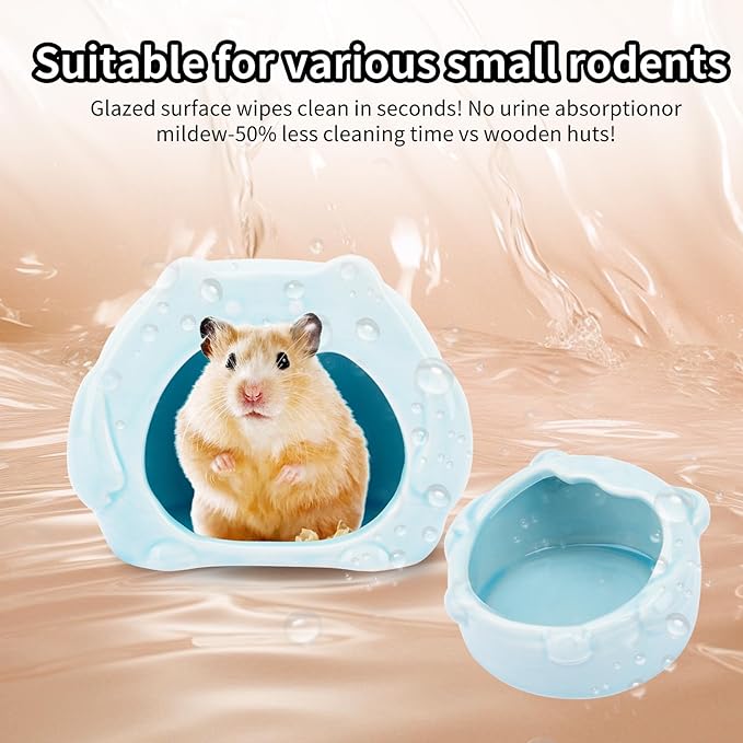 Bear-Shaped Hamster Hideout & Food Bowl Set - Ceramic Habitat for Syrian Dwarf Hamsters, Mice, Gerbils - All-Season Use, Chew-Proof Ceramic House and Feeding Dish for Small Pets(Blue)