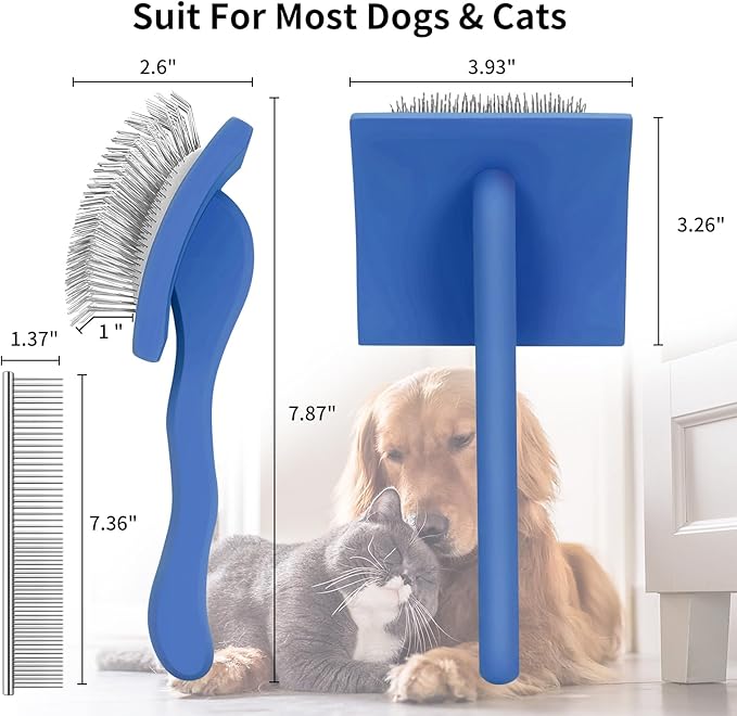 Slicker Brush for Dogs, Long Pin Dog Grooming Brush for Goldendoodles, Poodles, Doodles & More, Includes Bonus Pet Comb, Perfect for De-Shedding, Dematting & Reducing Tangles. Large, Blue