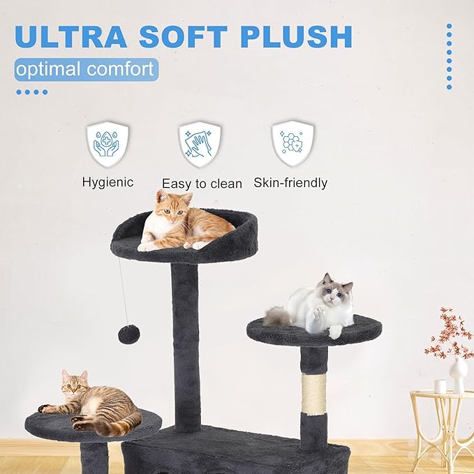 FDW Cat Tree Tower 62in Multi-Level Durable Cat Scratching Post & Cozy Fun Jumping Platform Space Saving Condo Pet Play House for Indoor Cats,Dark Gray