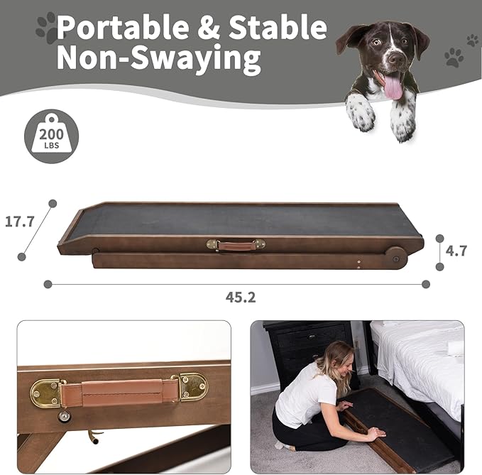 ABORON Folding Pet Ramp, 5-Level Adjustable Dog Ramp for Bed, Couch, SUV - High Traction Rubber Surface, Supports up to 200 lbs, 45.2" Long - Ideal for Small & Large Dogs & Cats,Brown Finish