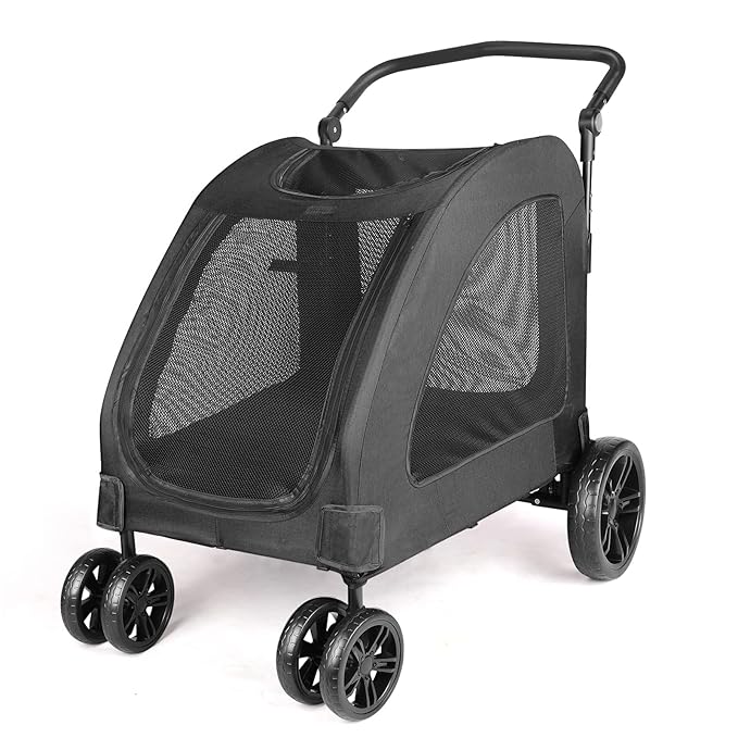 Large Dog Travel Stroller with 4 Heavy Duty Wheels Pet Stroller with Adjustable Handle - Double Doggie Capacity Jogger Wagon with Back Front Door for Small Medium Large Dogs (Black 1)