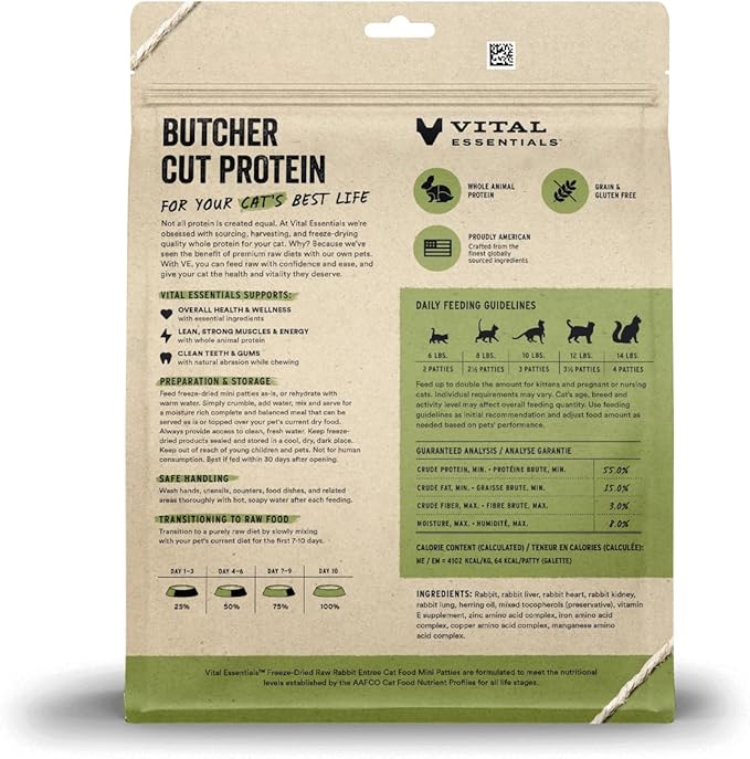 Vital Essentials Freeze Dried Raw Cat Food, Rabbit Mini Patties Entree, 15 oz