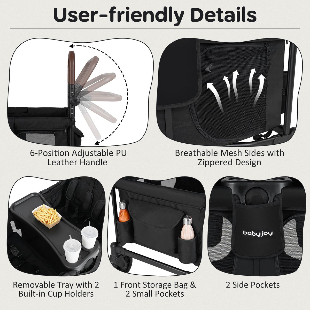 BABY JOY Wagon Stroller for 4 Kids, Foldable Stroller Wagon with Removable Canopy, Adjustable Handle, Snack Tray, Parent Organizer, 5-Point Safety Harness, Convertible Diaper Bag/Changing Pad (Black)