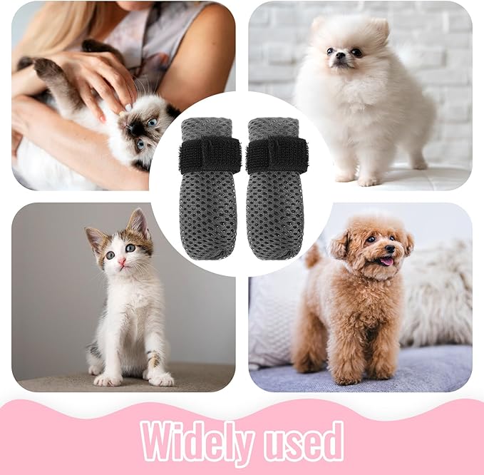 4Pcs Cat Shoes, 3.62×1.57 Inches Anti Scratch Cat Mittens, Breathable Mesh Nail Caps for Cats Claws, Adjustable Cats Claw Covers for Pet Bathing Feeding Cutting Nails(Gray)