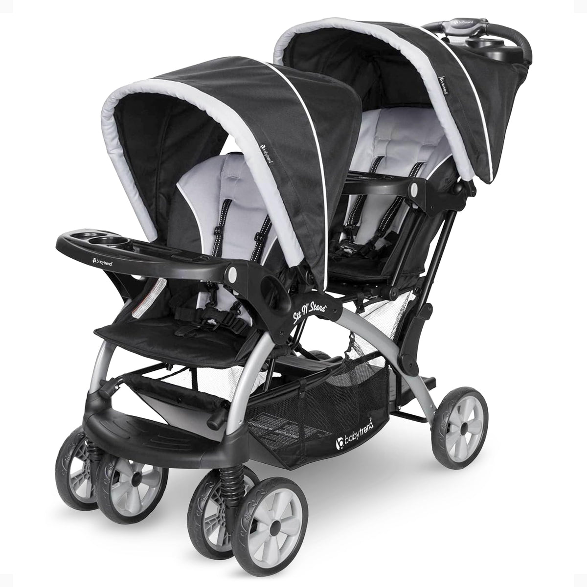 Baby Trend Double Infant and Toddler Stroller w/ Harness and Basket, Sit N' Stand, Stormy - Convertible Twin and Tandem Strollers for Babies