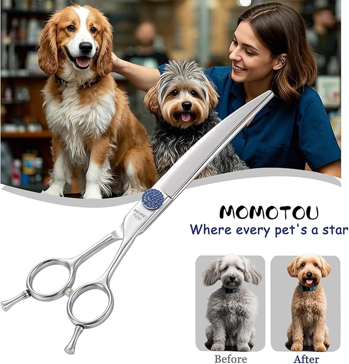 7'' Dog Grooming Scissors CNC 440C Blades Sharp and Durable Polished Curved Dog Shears with Blue Diamond Adustable Screws Easy to Use for Groomer and Home User