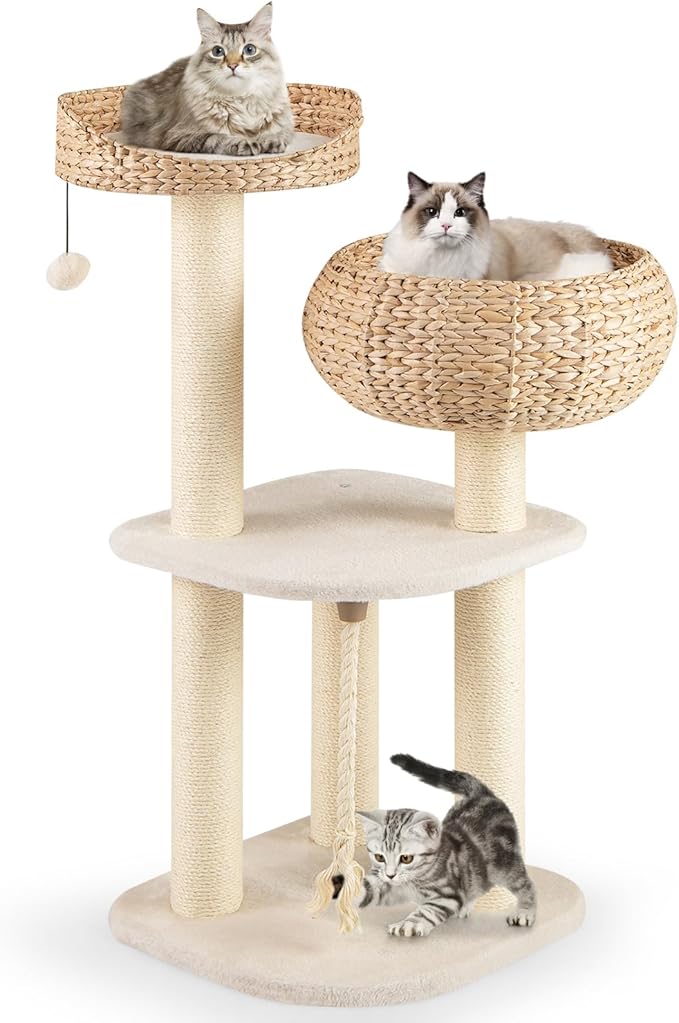 Tangkula Modern Cat Tree, Tall Cat Tower with Natural Sisal Scratching Post, Hand-Made Wicker Cat Condo & Top Perch, Funny Hanging Toy Ball, Cute Cat Tree Tower for Indoor Cats