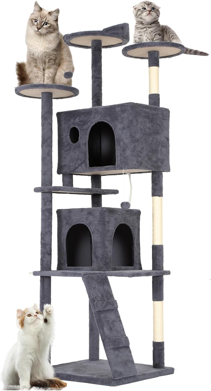 FDW Cat Tree Tower 81in Multi-Level Durable Cat Scratching Post & Cozy Fun Jumping Platform Space Saving Condo Pet Play House for Indoor Cats,Dark Gray