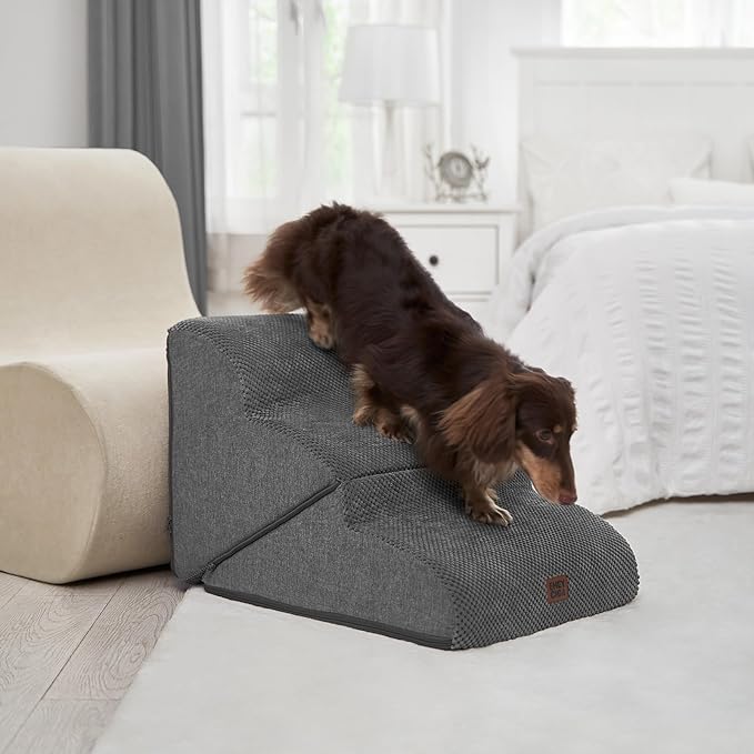 EHEYCIGA Curved Foldable Dog Stairs Ramp for Small Dogs 16" H, 3-Step Dog Steps for Couch Sofa and Chair, Pet Stairs for Cats, Non-Slip Balanced Pet Steps Indoor, Grey