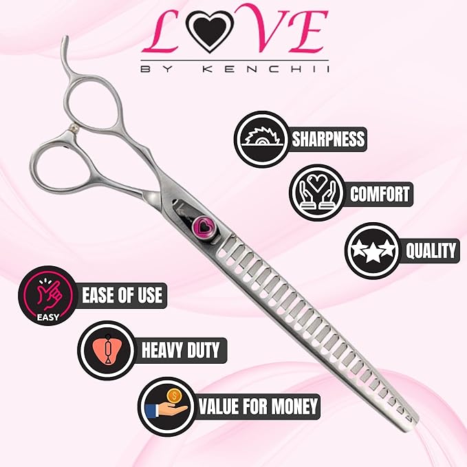 Kenchii Love Left Handed Dog Grooming Scissors, 22 Tooth Blender Shears, Dog Scissors for Grooming, Professional Pet Grooming Scissors, Ergonomic & Comfortable
