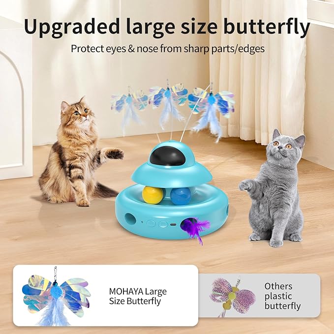 Cat Toys,4-in-1 Automatic Kitten Toy for Bored Indoor Adult Cats,lectric Flying Butterfly,Whack a Mole,Feather Track Balls,Blue