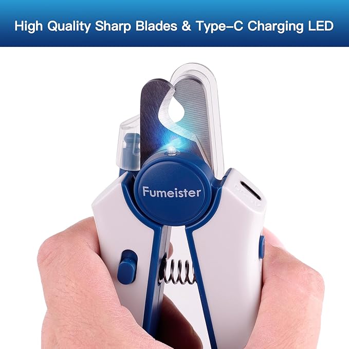 Type-C Rechargeable Dog & Cat Nail Clippers - LED Pet Nail Trimmer with Built-in Nail File, Extra Sharp Blades for Small & Medium Dogs, Indoor Cats (Blue)