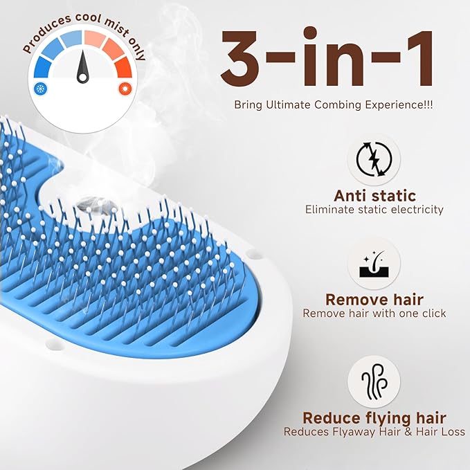 Pet Steam Brush for Dog & Cat - 3-in-1 Steam Grooming Brush for Shedding - Self Cleaning Spray Comb with Mist for Long Haired Pets - Includes Waterless Shampoo & undercoat rake, Blue