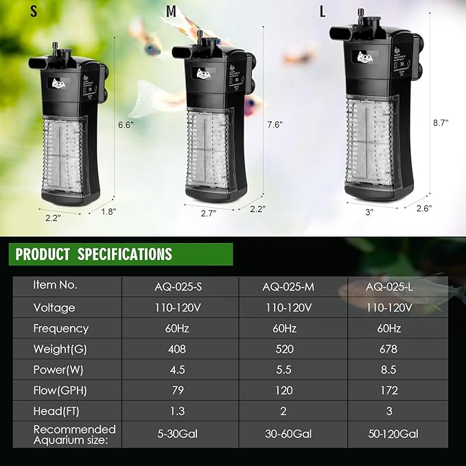 AQQA Aquarium Internal Filter Submersible Power Filter in-Tank with Adjustable Water Flow, Ultra Silent Sponge Filter for Fish Tank Water Crystal Clear