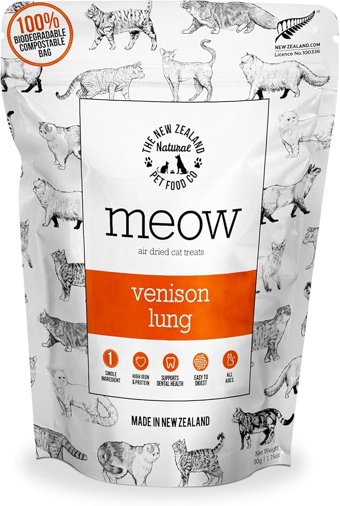 Meow Air Dried Cat Treats - Venison Lung, High Protein, Healthy Cat Snacks and Toppers, All Natural for All Life Stages, 1.76 oz