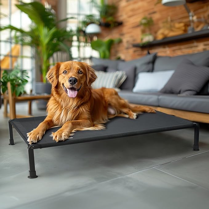 Veehoo Heavy Duty Elevated Dog Bed - Raised Bed with Washable Teslin Mesh, Non-Slip Feet, Cooling Cot, Indoor/Outdoor Use, 47" x 29", Black
