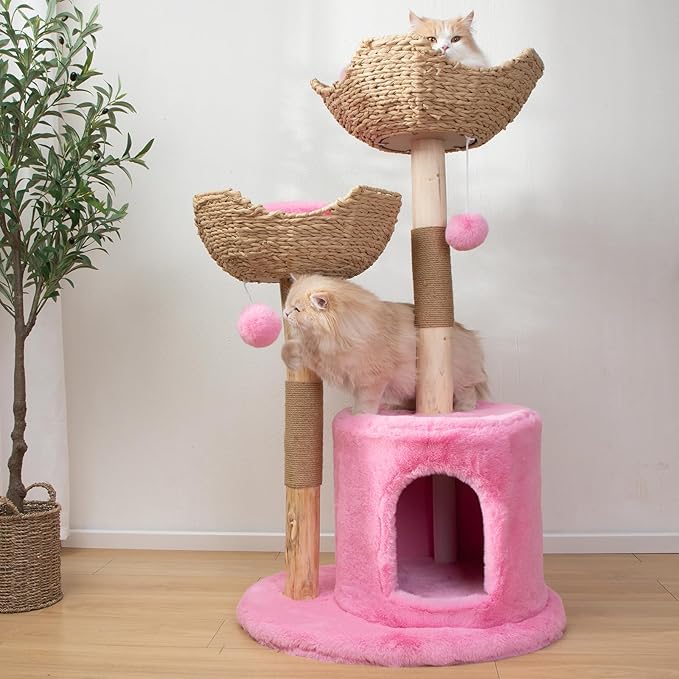 Modern Cat Tree for Indoor Cats, Large Adult 46" Tall, Wooden Cat Tower with Scratching Post, Luxury Cat Condo, Pink