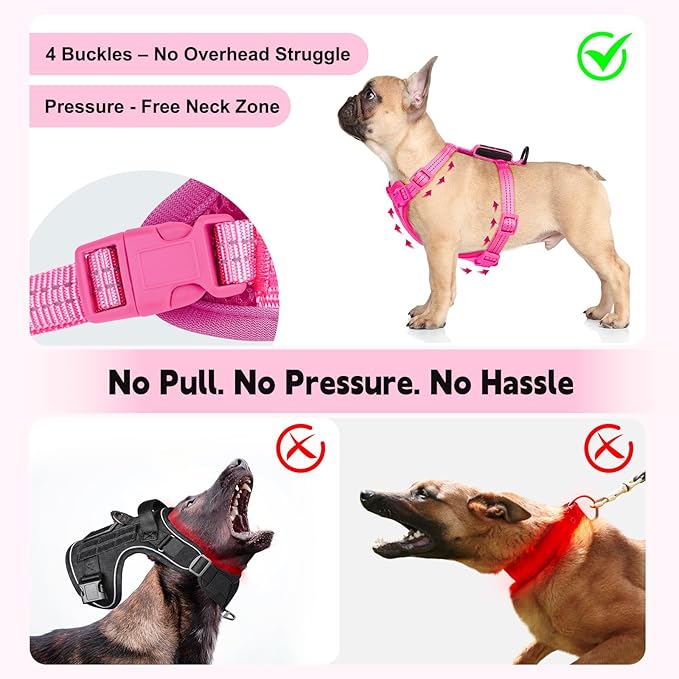 Rechargeable Light Up Dog Harness for Small Dogs – Adjustable LED Dog Vest with Reflective Strips, No Pull Glow in The Dark Puppy Harness for Night Walking Safety-Pink