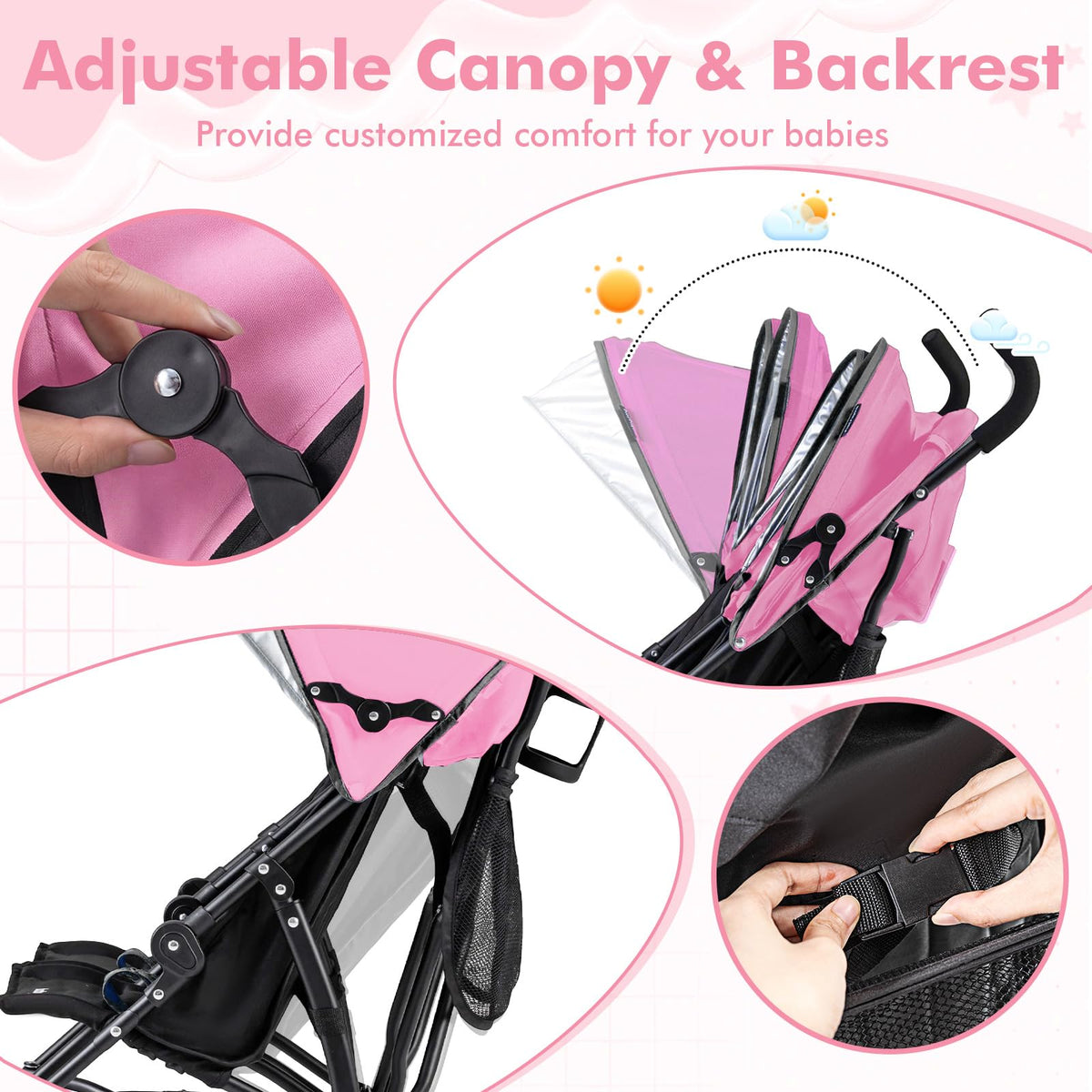 BABY JOY Double Umbrella Stroller, Lightweight Travel Side by Side Twin Stroller with Large Storage, Cup Holder, 5-Point Safety Harness, Adjustable Canopy & Compact Fold for Infant and Toddler (Black)