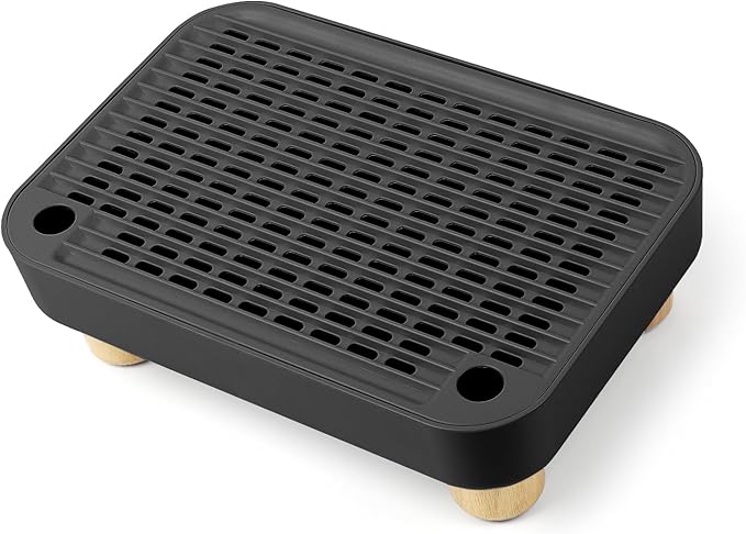 Cat Litter Box Step Ramp, Cat Litter Catcher Mat with Wooden Feet, Filter Function, Cat Pedal Stool for Self-Cleaning Cat Litter Box, Ideal for Kitten & Elderly Cats (Black)