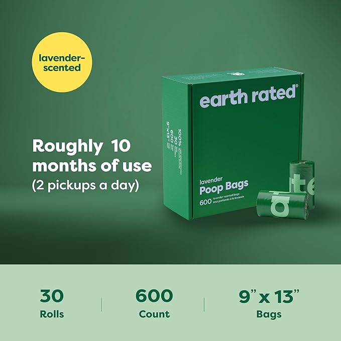 Earth Rated Dog Poop Bags Value Pack, Leak-Proof and Extra-Thick Pet Waste Bag for Big and Small Dogs, Refill Rolls, Lavender Scented, 600 Count