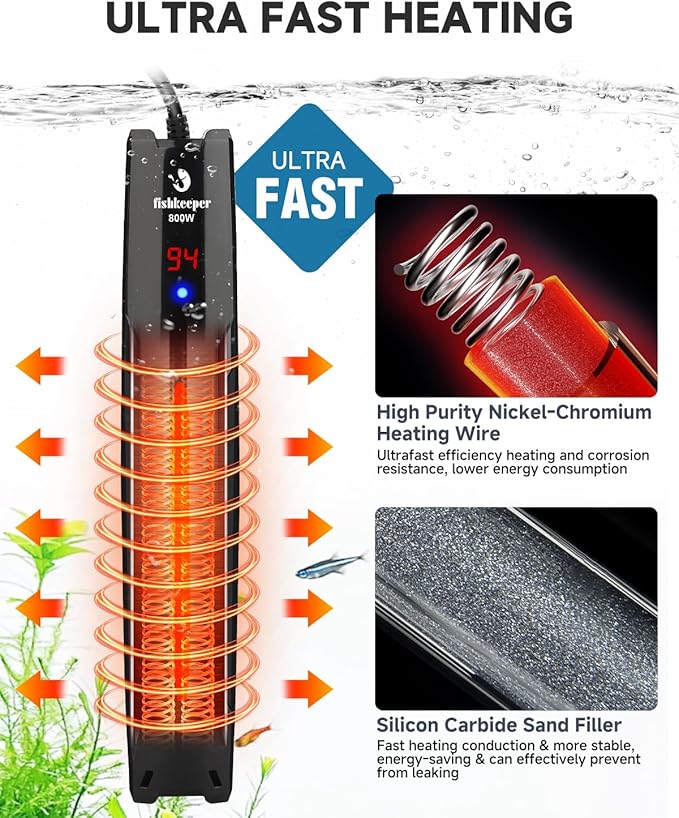 fishkeeper 800W Submersible Aquarium Heater for 80-220 Gal Fish Tanks (Run-Dry/Overheat/Low-Temp Protection)(Precision Electronic Smart Thermostat)(Adjustable Temperature) Ultra-Safe Fish Tank Heater