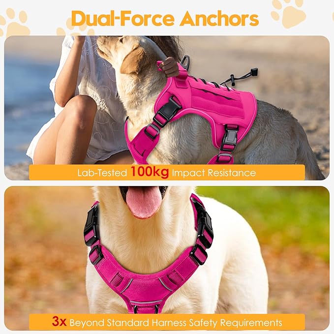 Heavy-Duty Tactical Dog Harness for Large Dogs, No Pull Adjustable Reflective Pet Vest with Molle System, K9 Military-Grade Control for Service Training, Outdoor & 10+ Breeds, Hot Pink, X-Large