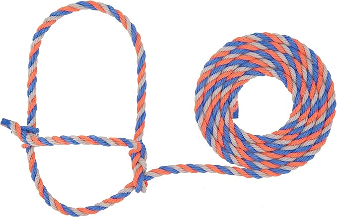 Weaver Livestock Braided Poly Rope Cattle Halter, Adjustable, Modern Style Cow Calf Halter, Livestock Handling Equipment for Showing, Blue/Coral/Gray