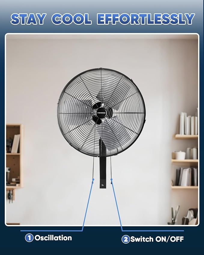 KEN BROWN 20 Inch Industrial Oscillating Wall Mount Fan 5500CFM,Heavy Duty,High Velocity,3- Speed,Black