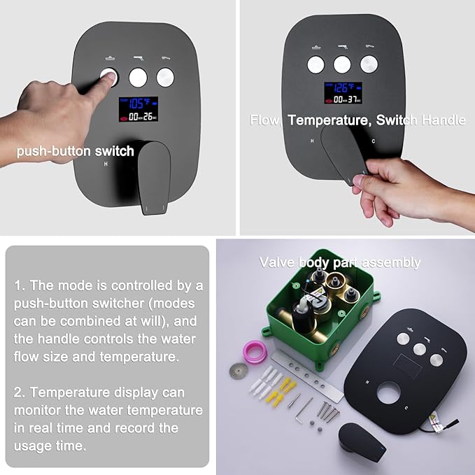 Shower Faucet Set Matte Black Temperature Display Shower System, Push Button Shower Faucet with Dual Rain Shower Head(12 inch+8 inch), and Handheld Shower