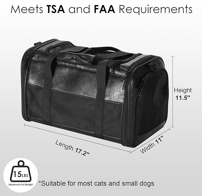 Fashion Leather Dog Carrier, Airline Approved Cat Carrier Soft Sided Pet Bag Carrier Purse for Puppy Kitten Small Animals Black