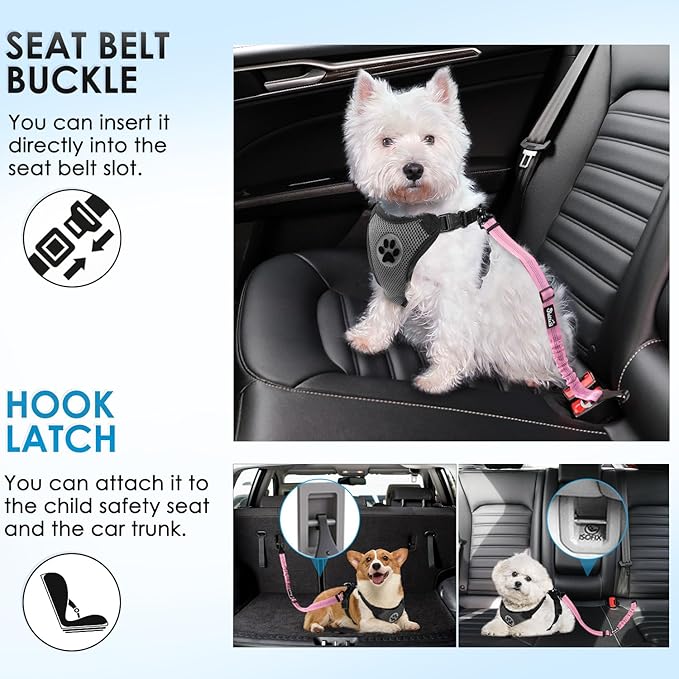 Lukovee Dog Seatbelt Leash for Cars, 2 Pack Pet Safety Seat Belt with Adjustable Buckle & Reflective Bungee, Connect Dog Harness in Vehicle Dogs Restraint Travel Daily Use (Pink)