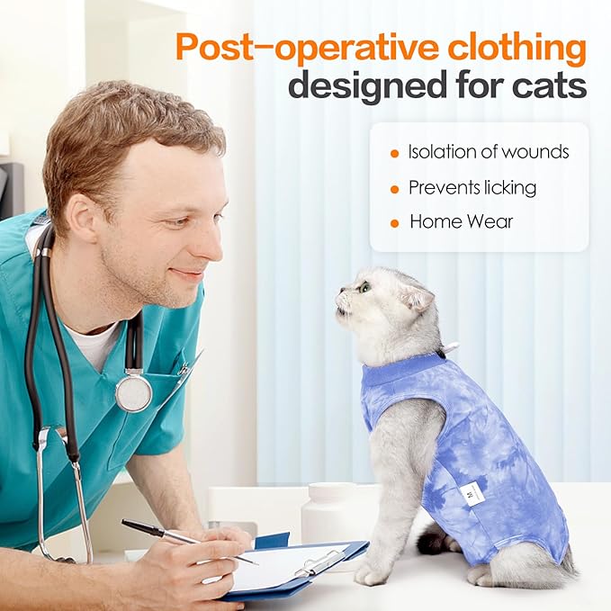 Cat Recovery Suit - Abdominal Wounds Cat Onesie Cone E-Collar Alternative, Blue L