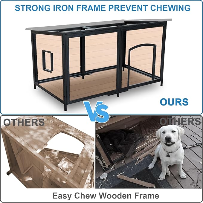 Extra Large Dog House Outdoor Weatherproof 59.1" Outside Wooden Dog Kennel, Chewproof Strong Iron Frame Window
