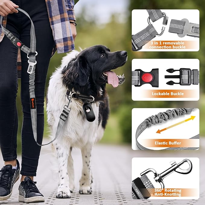 Removable Dog Seat Belt Harness for Car, 3 in 1 Pet Dog Car Seatbelt Leash, Retractable Restraint Secures to Vehicle Headrest & Adjustable Reflective Bungee Dog Seatbelt Tether, Grey