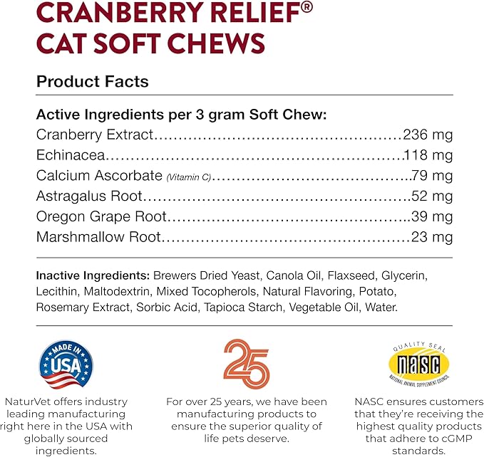 NaturVet Cranberry Relief Plus Echinacea for Cats, 60 ct Soft Chews, Made in The USA with Globally Source Ingredients