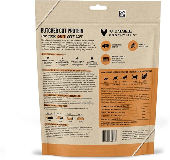 Vital Essentials Freeze Dried Raw Cat Food, Pork Mini Patties Entree, 3.75 oz