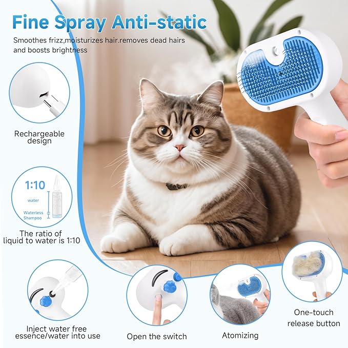 Pet Steam Brush for Dog & Cat - 3-in-1 Steam Grooming Brush for Shedding - Self Cleaning Spray Comb with Mist for Long Haired Pets - Includes Waterless Shampoo & undercoat rake, Blue