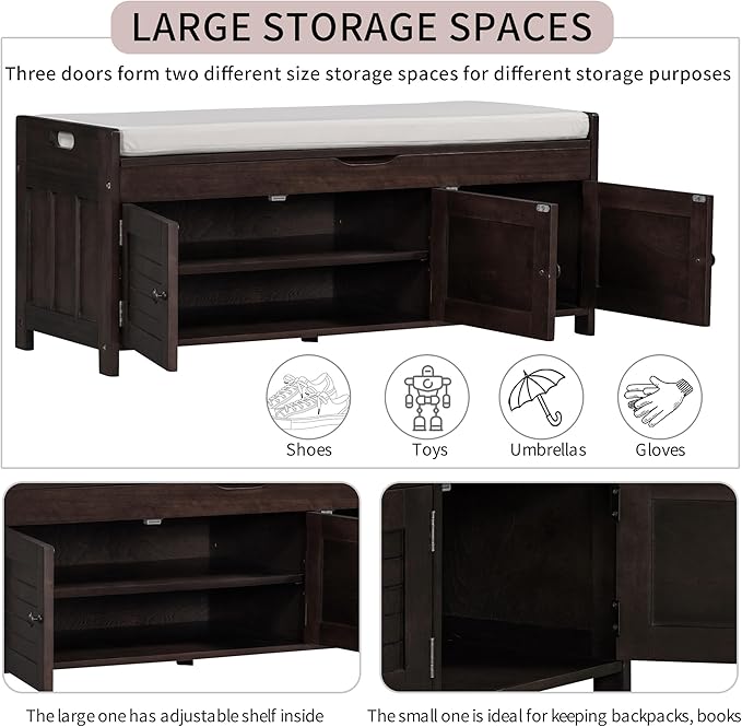 Shoe Storage Bench with 3 Shutter-Shaped Doors, Pine Wood Shoe Bench with Removable Cushion and Hidden Storage Space for Living Room, Entryway 43.5" L x 16" W x 18" H Espresso