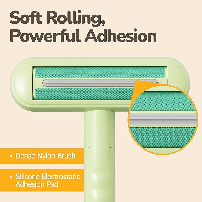 Reusable Pet Hair Remover - Lint Roller for Dog & Cat Fur - for Furniture, Carpet, Clothing - Detachable Handle (Green)