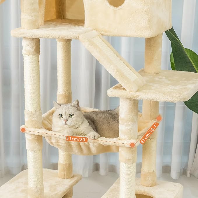 73 inches Large Cat Tree for Indoor Cats, Tall Cat Tower with Sisal Scratching Posts and Pads, Padded Plush Perch, Cozy Basket, Plush Condo for Large Cats (Beige)